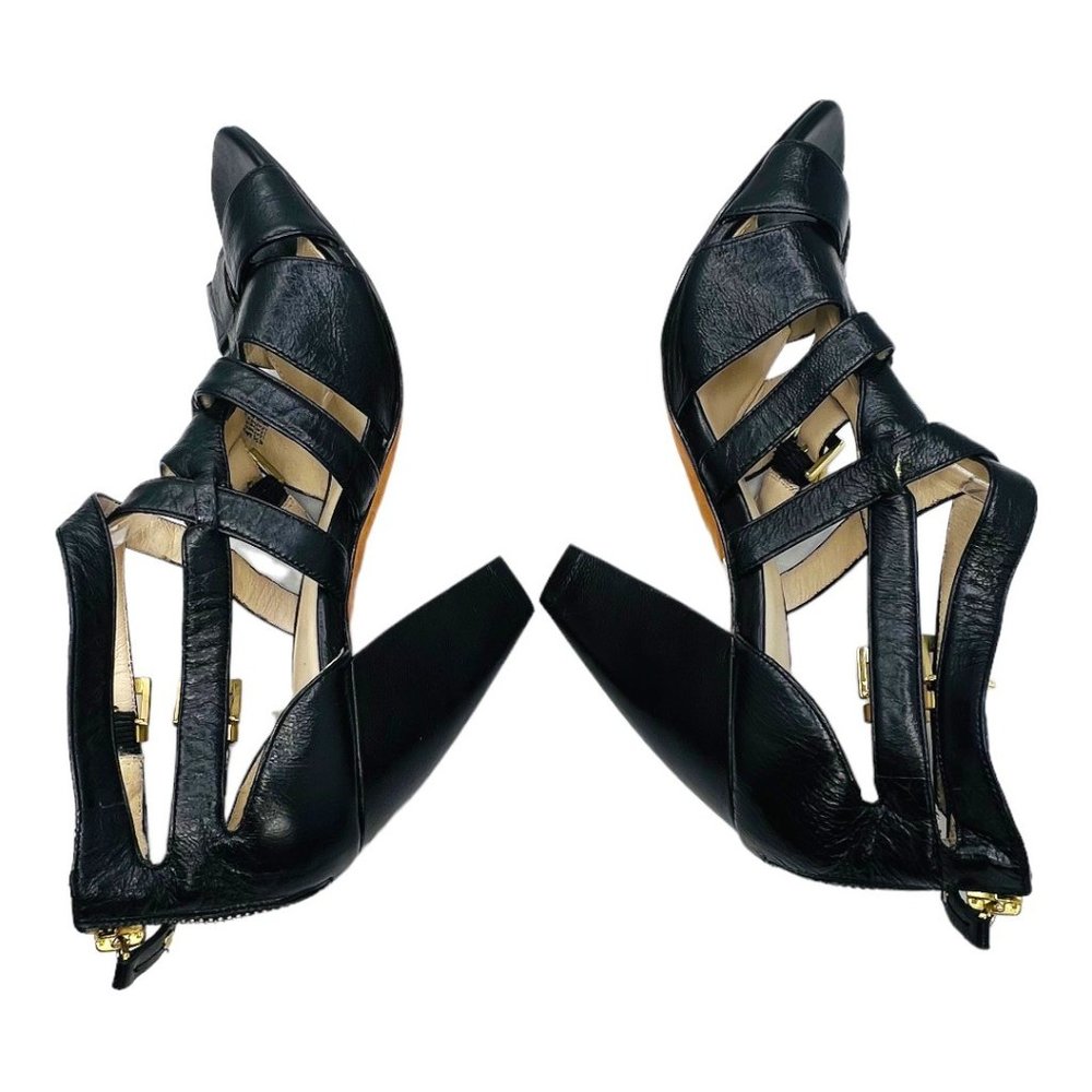 Saks Fifth Avenue Lyle Black Leather Heels Strappy Zip Open Toe Pumps 6.5M - Picture 12 of 13